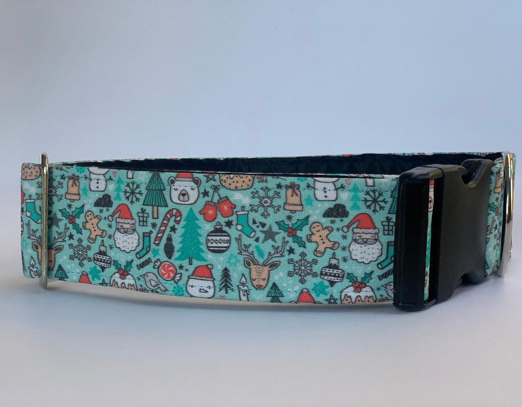 Large Dog  Christmas Doodle Teal Dog Collar